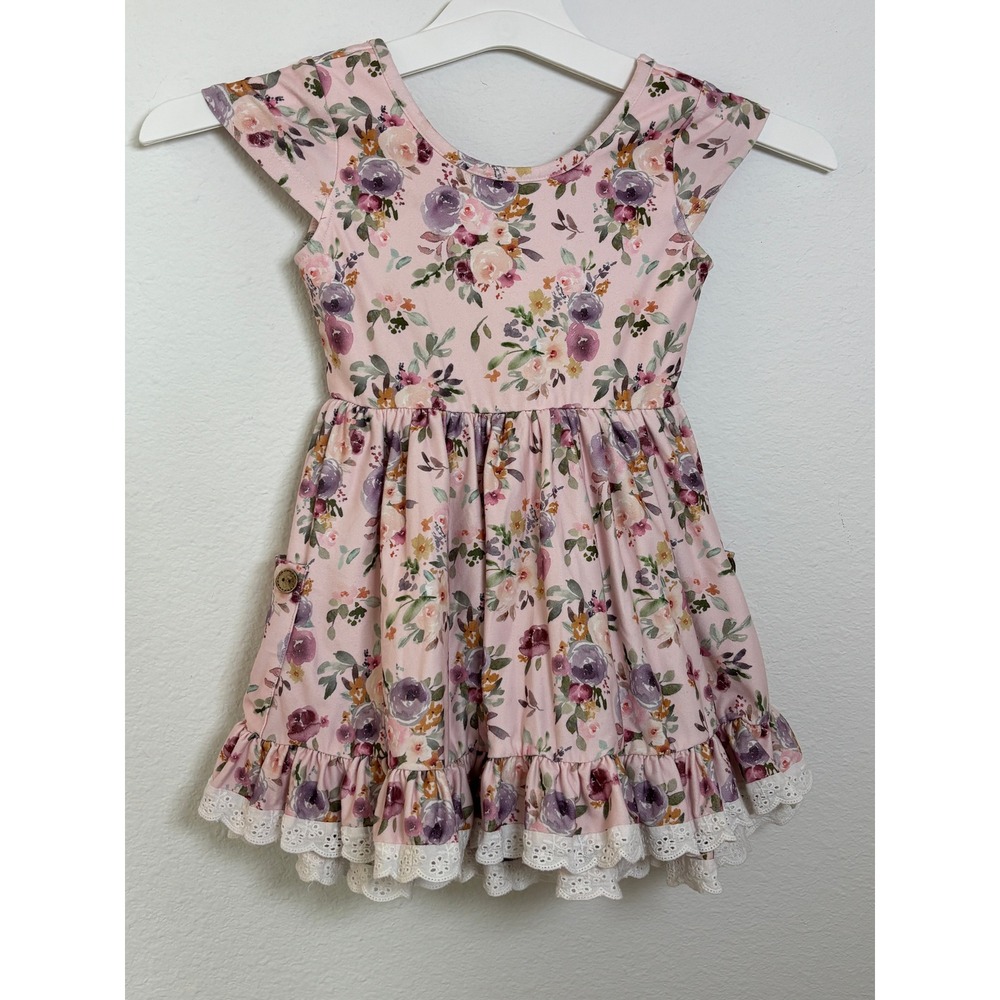 Cheeky Plum Girls Pink Floral Lace Trim Ruffle Pocket Dress 3T
